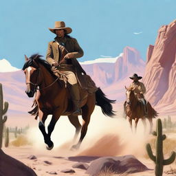 A dynamic scene featuring a cowboy and a Native American on horseback, both engaged in a shootout