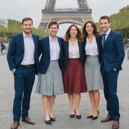 A joyful group of young professionals in Paris, consisting of 2 men and 3 women dressed in well-suited skirts, cheerfully smiling