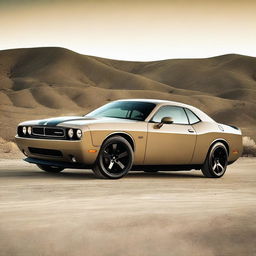 A 2009 Dodge Challenger RT in a sand color with brown stripes, and green headlights