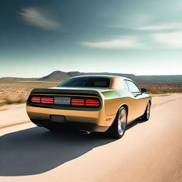 A 2009 Dodge Challenger RT in a sand color with brown stripes, and green headlights