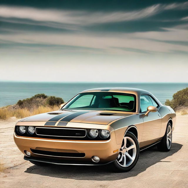 A 2009 Dodge Challenger RT in a sand color with brown stripes, and green headlights