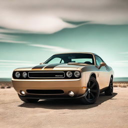 A 2009 Dodge Challenger RT in a sand color with brown stripes, and green headlights