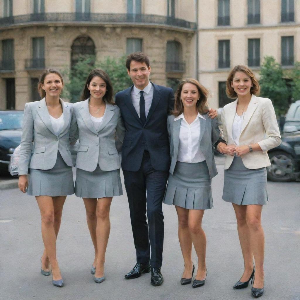 A group of young professionals in Paris, gleaming smiles on their faces. Two men and three women in short skirt suits.