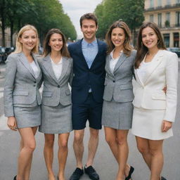 A group of young professionals in Paris, gleaming smiles on their faces. Two men and three women in short skirt suits.