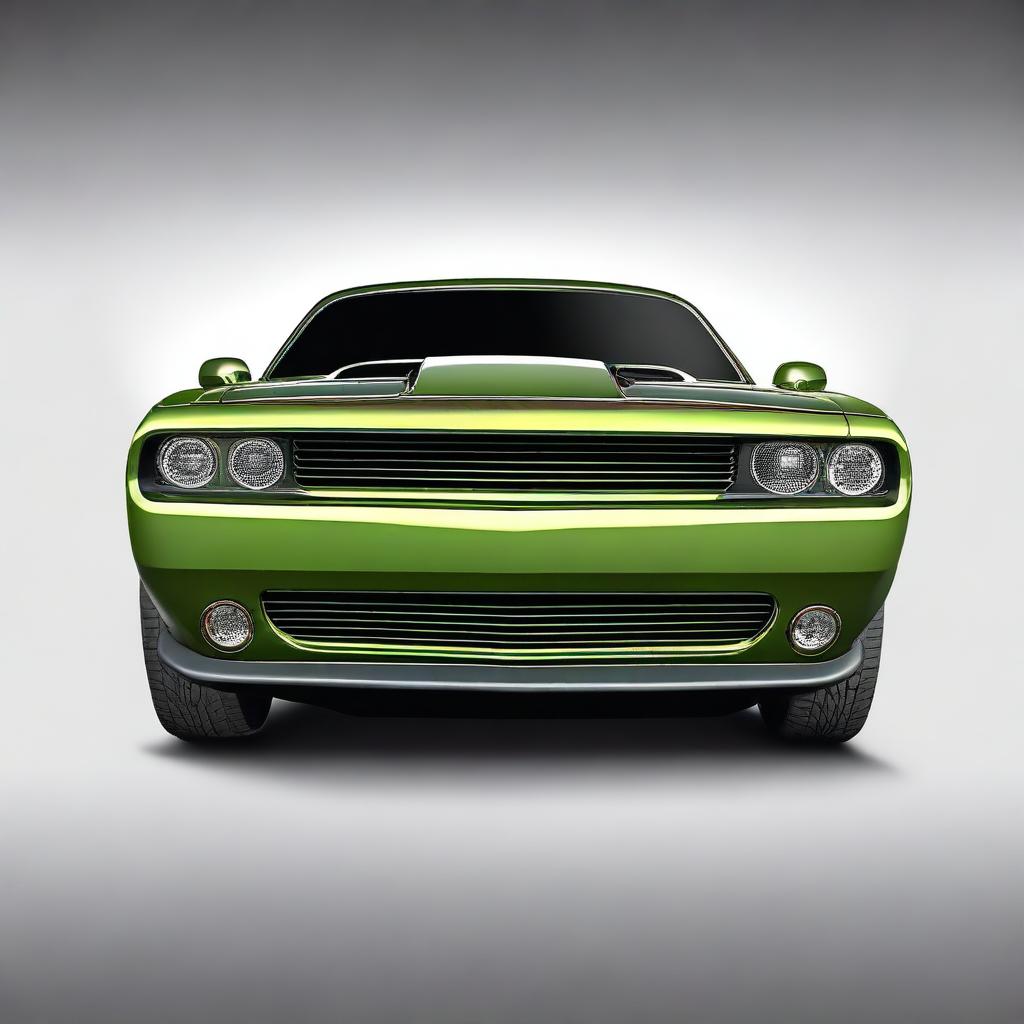 A Khaki color Dodge Challenger RT with brown stripes and green headlights