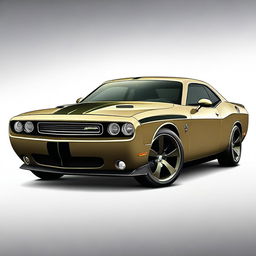 A Khaki color Dodge Challenger RT with brown stripes and green headlights