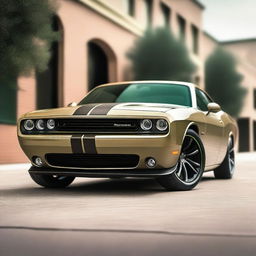 A Khaki color Dodge Challenger RT with brown stripes and green headlights