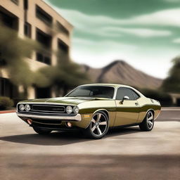 A Khaki color Dodge Challenger RT with brown stripes and green headlights