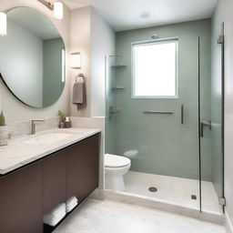 A modern small bathroom remodel featuring sleek fixtures, a compact shower area with glass doors, a stylish vanity with a mirror, and efficient storage solutions