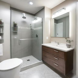 A modern small bathroom remodel featuring sleek fixtures, a compact shower area with glass doors, a stylish vanity with a mirror, and efficient storage solutions