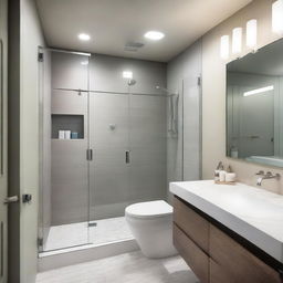 A modern small bathroom remodel featuring sleek fixtures, a compact shower area with glass doors, a stylish vanity with a mirror, and efficient storage solutions