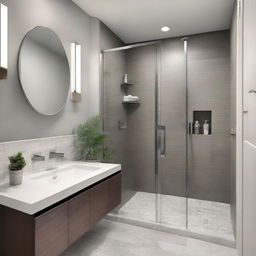 A modern small bathroom remodel featuring sleek fixtures, a compact shower area with glass doors, a stylish vanity with a mirror, and efficient storage solutions