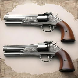 A stunning image of two beautifully crafted guns crossed over each other