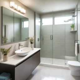 A modern small bathroom remodel featuring sleek fixtures, a compact shower area with glass doors, a stylish vanity with a mirror, and efficient storage solutions