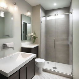 A modern small bathroom remodel featuring sleek fixtures, a compact shower area with glass doors, a stylish vanity with a mirror, and efficient storage solutions