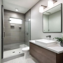 A modern small bathroom remodel featuring sleek fixtures, a compact shower area with glass doors, a stylish vanity with a mirror, and efficient storage solutions