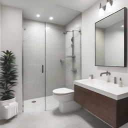 A modern small bathroom remodel featuring sleek fixtures, a compact shower area with glass doors, a stylish vanity with a mirror, and efficient storage solutions