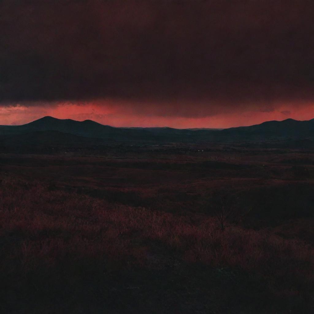 A dark, foreboding landscape under a crimson sky, embodying the concept of evil