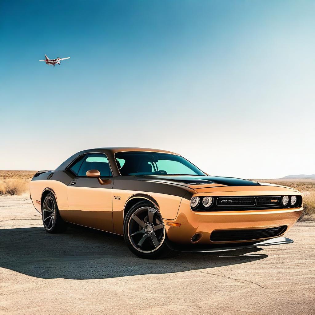 A sand-colored Dodge Challenger with large, detailed brown wings painted on the sides of the car