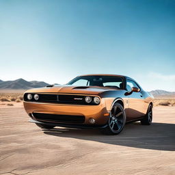 A sand-colored Dodge Challenger with large, detailed brown wings painted on the sides of the car