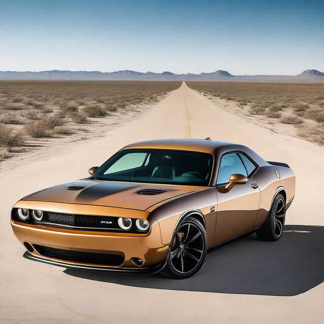 A sand-colored Dodge Challenger with large, detailed brown wings painted on the sides of the car