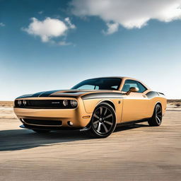 A sand-colored Dodge Challenger with large, detailed brown wings painted on the sides of the car