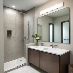 A modern small bathroom remodel featuring sleek fixtures, a compact shower area without glass doors, a stylish vanity with a mirror, and efficient storage solutions