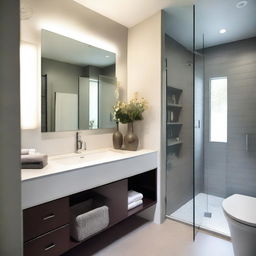 A modern small bathroom remodel featuring sleek fixtures, a compact shower area without glass doors, a stylish vanity with a mirror, and efficient storage solutions