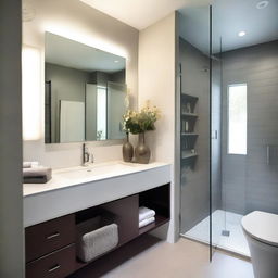 A modern small bathroom remodel featuring sleek fixtures, a compact shower area without glass doors, a stylish vanity with a mirror, and efficient storage solutions