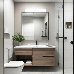 A modern small bathroom remodel featuring sleek fixtures, a compact shower area without glass doors, a stylish vanity with a mirror, and efficient storage solutions