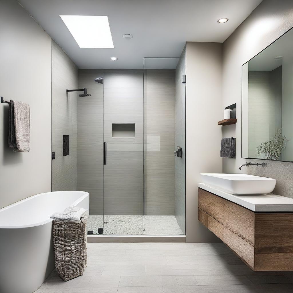 A modern small bathroom remodel featuring sleek fixtures, a compact shower area without glass doors, a stylish vanity with a mirror, and efficient storage solutions