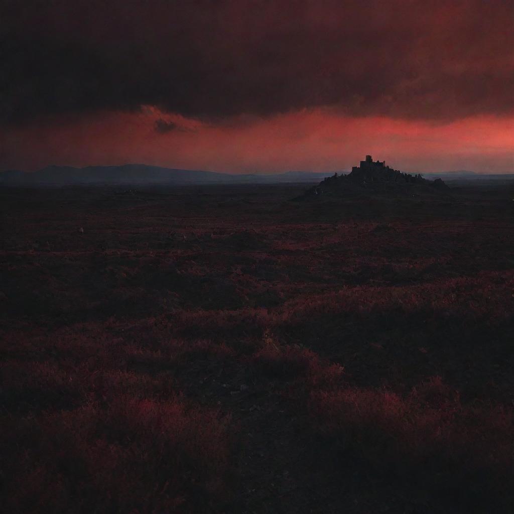 A dark, foreboding landscape under a crimson sky, embodying the concept of evil