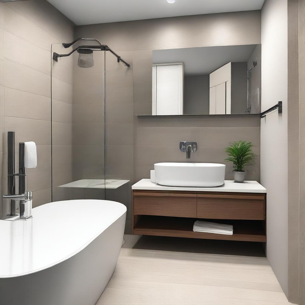 A modern small bathroom remodel featuring sleek fixtures, a compact shower area without glass doors, a stylish vanity with a mirror, and efficient storage solutions