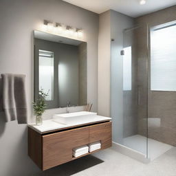 A modern small bathroom remodel featuring sleek fixtures, a compact shower area without glass doors, a stylish vanity with a mirror, and efficient storage solutions