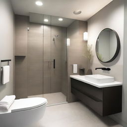 A modern small bathroom remodel featuring sleek fixtures, a compact shower area without glass doors, a stylish vanity with a mirror, and efficient storage solutions