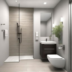 A modern small bathroom remodel featuring sleek fixtures, a compact shower area without glass doors, a stylish vanity with a mirror, and efficient storage solutions