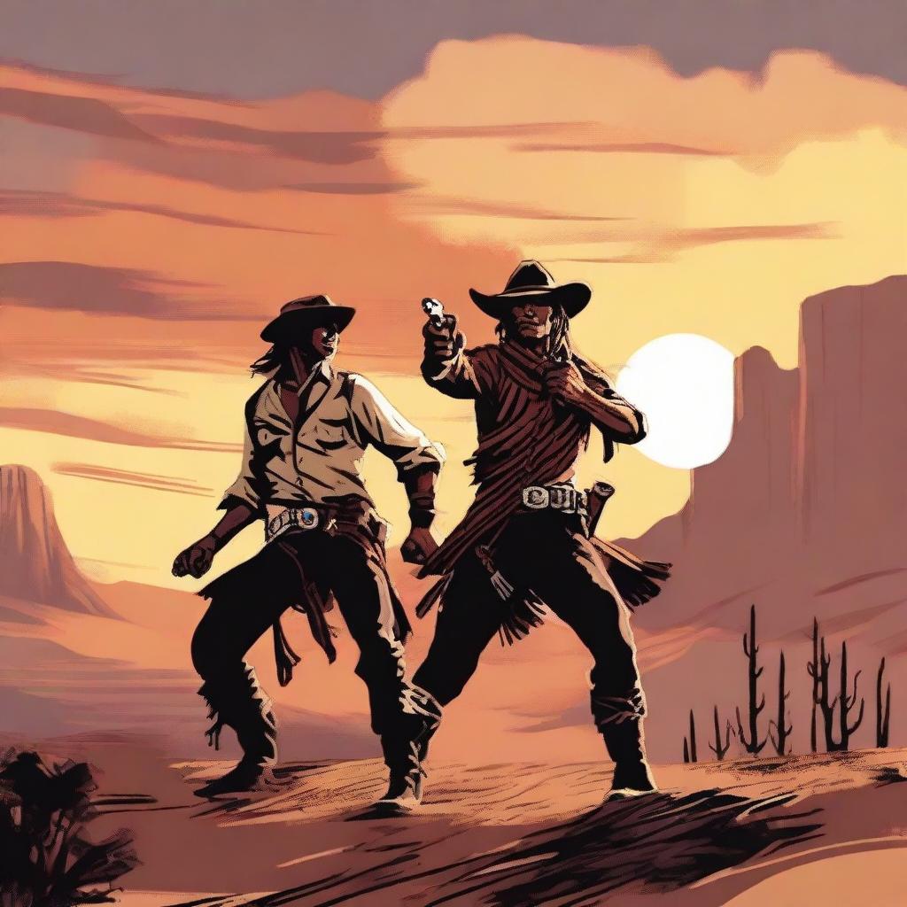 A dynamic scene featuring a cowboy and a Native American warrior engaged in a dramatic fight