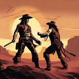 A dynamic scene featuring a cowboy and a Native American warrior engaged in a dramatic fight