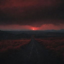 A dark, foreboding landscape under a crimson sky, embodying the concept of evil