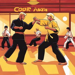 A dynamic scene featuring characters from Cobra Kai and Disney's Kickin' It interacting in a martial arts dojo