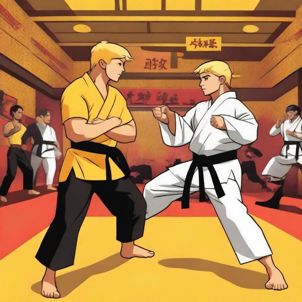 A dynamic scene featuring characters from Cobra Kai and Disney's Kickin' It interacting in a martial arts dojo