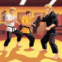 A dynamic scene featuring characters from Cobra Kai and Disney's Kickin' It interacting in a martial arts dojo