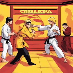 A dynamic scene featuring characters from Cobra Kai and Disney's Kickin' It interacting in a martial arts dojo