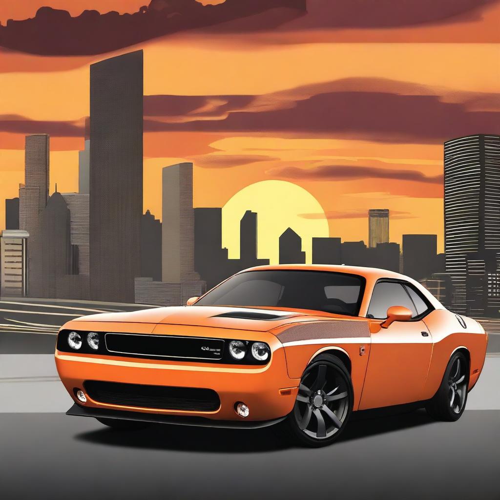 A detailed illustration of a Dodge Challenger RT with Cobra Kai branding