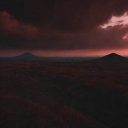 A dark, foreboding landscape under a crimson sky, embodying the concept of evil