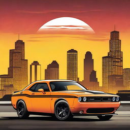 A detailed illustration of a Dodge Challenger RT with Cobra Kai branding