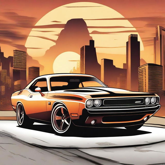 A detailed illustration of a Dodge Challenger RT with Cobra Kai branding