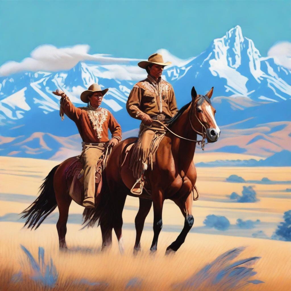 A scenic depiction of a cowboy and a Native American in the vast landscapes of Montana