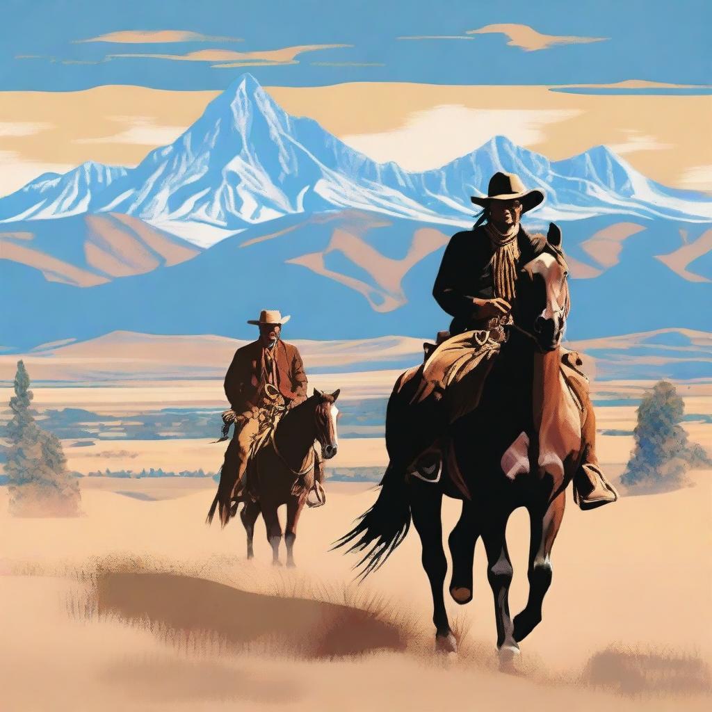 A scenic depiction of a cowboy and a Native American in the vast landscapes of Montana