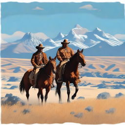 A scenic depiction of a cowboy and a Native American in the vast landscapes of Montana